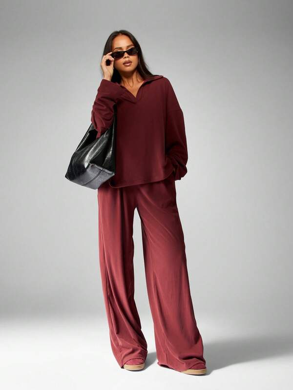 missguided MISSGUIDED Hooded Half Zip Top With Wide Leg Palazzo Pants