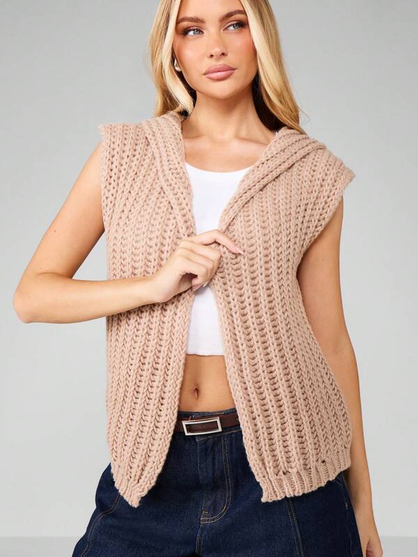 missguided MISSGUIDED Hooded Knit Sleeveless Open Front Cardigan