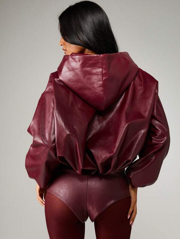 Missguided MISSGUIDED Hooded Leather Bomber Jacket With Puff Sleeves