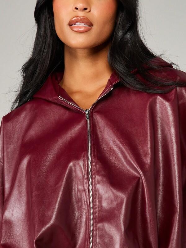 Missguided MISSGUIDED Hooded Leather Bomber Jacket With Puff Sleeves