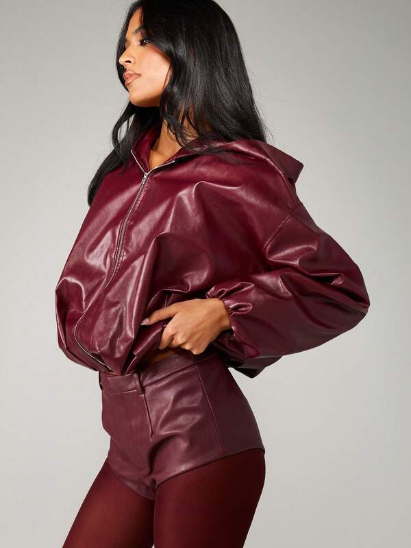 Missguided MISSGUIDED Hooded Leather Bomber Jacket With Puff Sleeves
