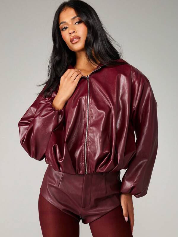 missguided MISSGUIDED Hooded Leather Bomber Jacket With Puff Sleeves