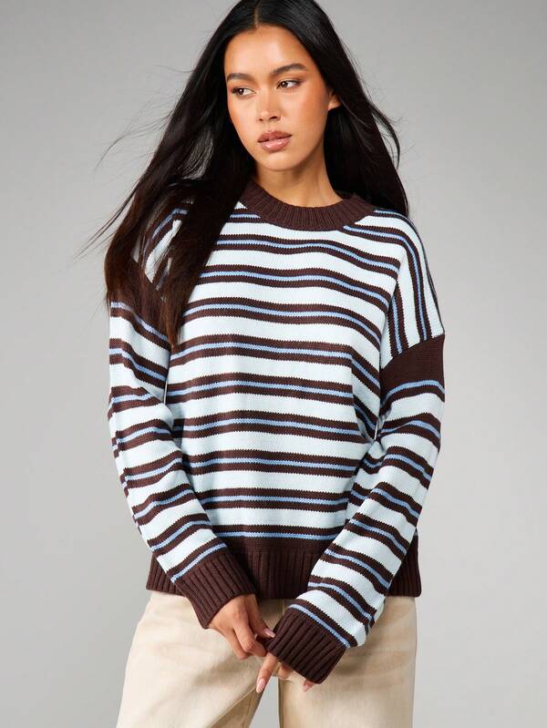 missguided MISSGUIDED Horizontal Striped Crew Neck Knit Sweater