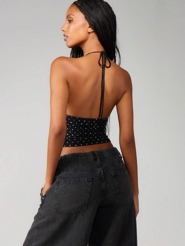 Missguided MISSGUIDED Hot Fix Mesh Halter Top With Polka Dots