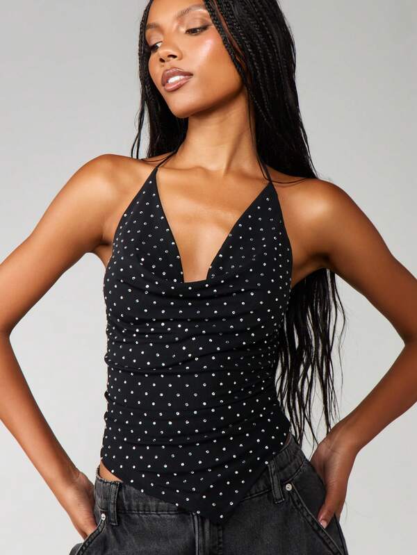 missguided MISSGUIDED Hot Fix Mesh Halter Top With Polka Dots