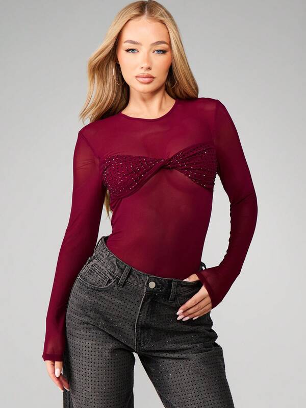 Missguided MISSGUIDED Hot Fix Rhinestone Twist Bodysuit