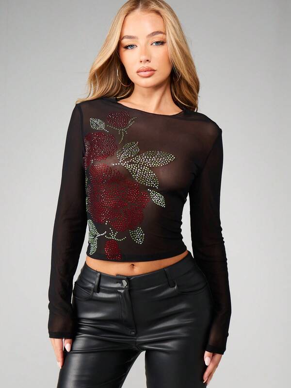 missguided MISSGUIDED Hot Fix Rose Print Mesh Long Sleeve Top