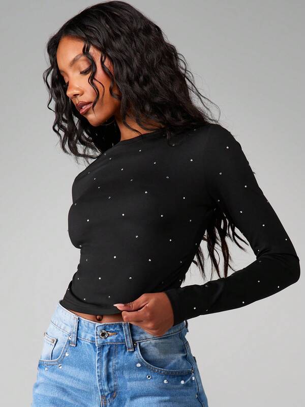 Missguided MISSGUIDED Hotfix Long Sleeve Crew Neck Tee