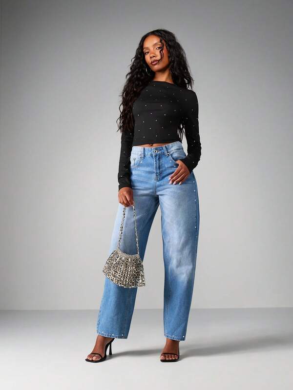 Missguided MISSGUIDED Hotfix Long Sleeve Crew Neck Tee