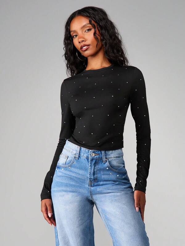 missguided MISSGUIDED Hotfix Long Sleeve Crew Neck Tee