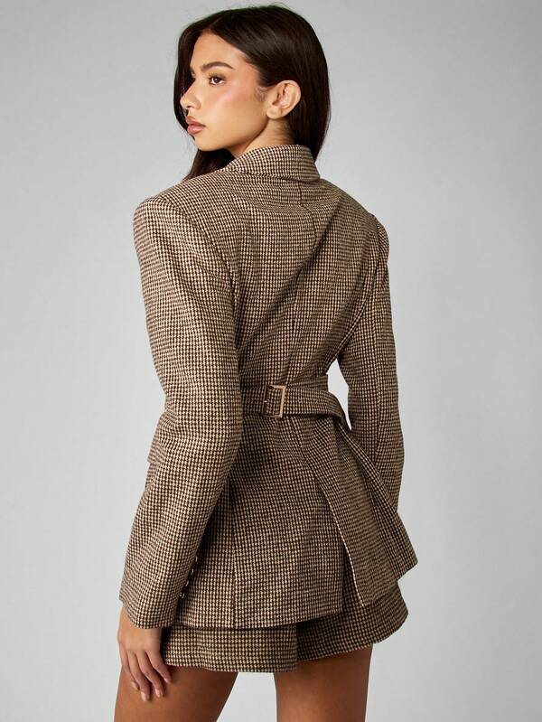 Missguided MISSGUIDED Houndstooth Belted Blazer With Gold Button Details