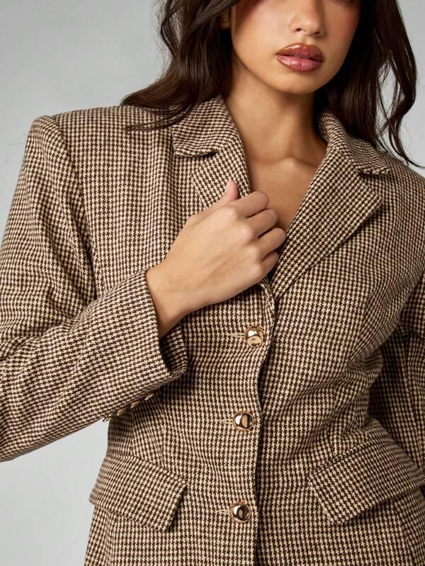 Missguided MISSGUIDED Houndstooth Belted Blazer With Gold Button Details