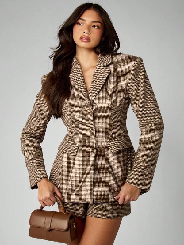 missguided MISSGUIDED Houndstooth Belted Blazer With Gold Button Details