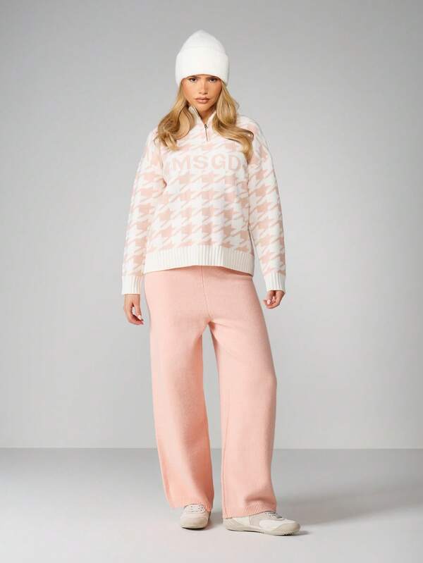 Missguided MISSGUIDED Houndstooth Quarter Zip Pullover With Ribbed Trim