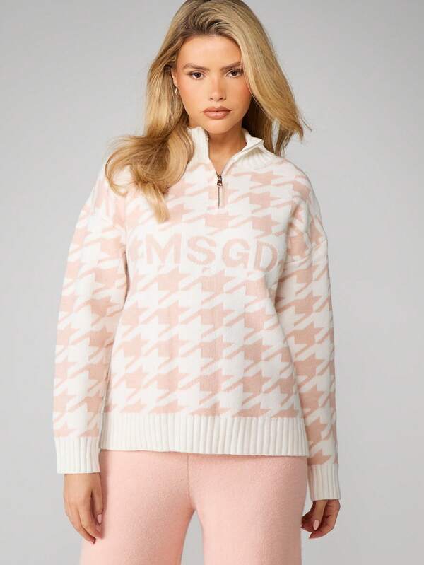 Missguided MISSGUIDED Houndstooth Quarter Zip Pullover With Ribbed Trim