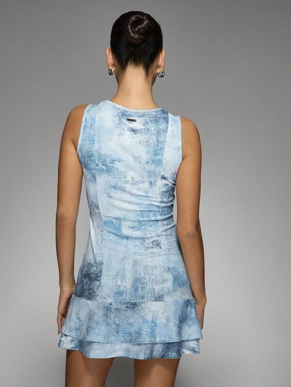 Missguided MISSGUIDED Ice Blue Tie Dye Watercolor Print Ruffle Mini Dress
