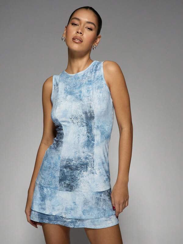 missguided MISSGUIDED Ice Blue Tie Dye Watercolor Print Ruffle Mini Dress