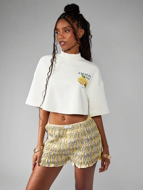 Missguided MISSGUIDED Italian Lemon Print Mock Neck Crop T-Shirt
