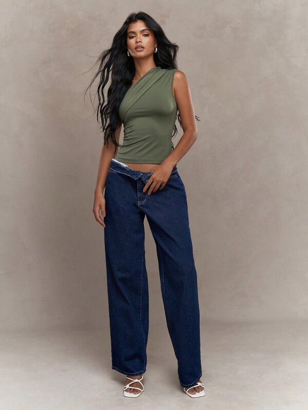 Missguided MISSGUIDED Jersey Asymmetric One Shoulder Ruched Sleeveless Top