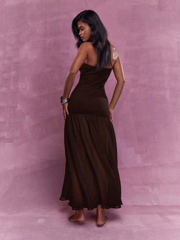 Missguided MISSGUIDED Jersey Bandeau Long Sheer Ruffle Hem Maxi Dress