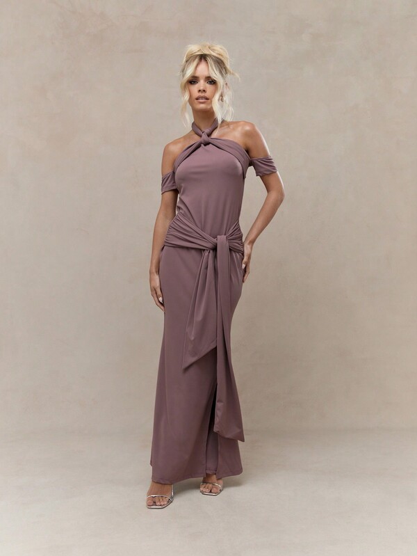 Missguided MISSGUIDED Jersey Halter Neck Knot Detailed Waist Bardot Maxi Dress