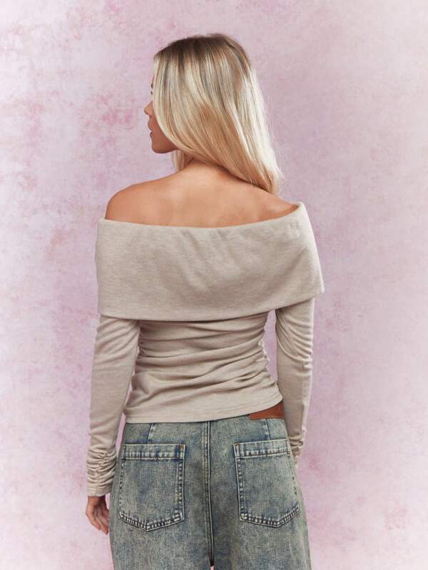 Missguided MISSGUIDED Jersey Off Shoulder Flap Detail Ruched Side Long Sleeves Bardot Top