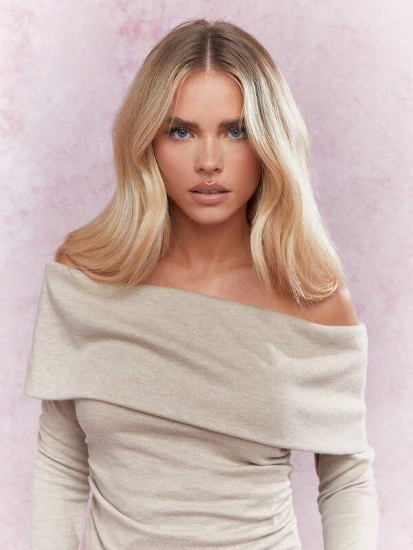 Missguided MISSGUIDED Jersey Off Shoulder Flap Detail Ruched Side Long Sleeves Bardot Top