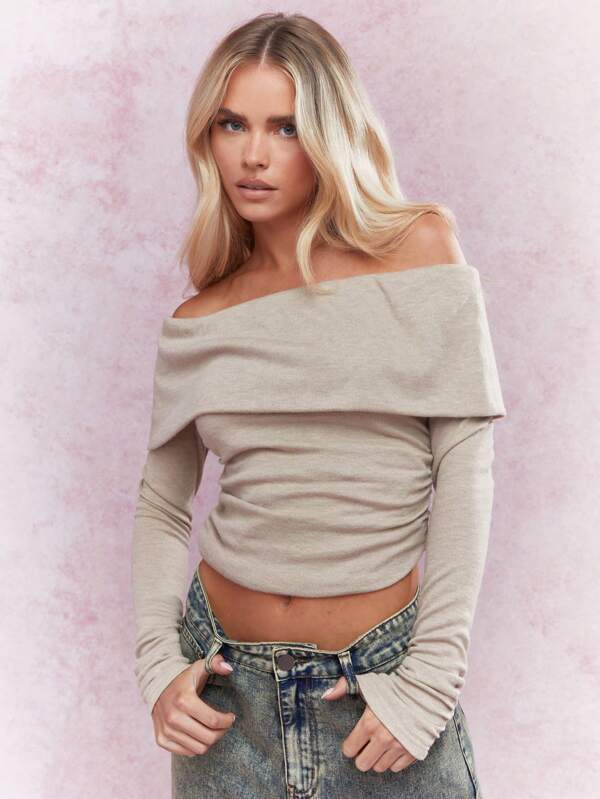 missguided MISSGUIDED Jersey Off Shoulder Flap Detail Ruched Side Long Sleeves Bardot Top