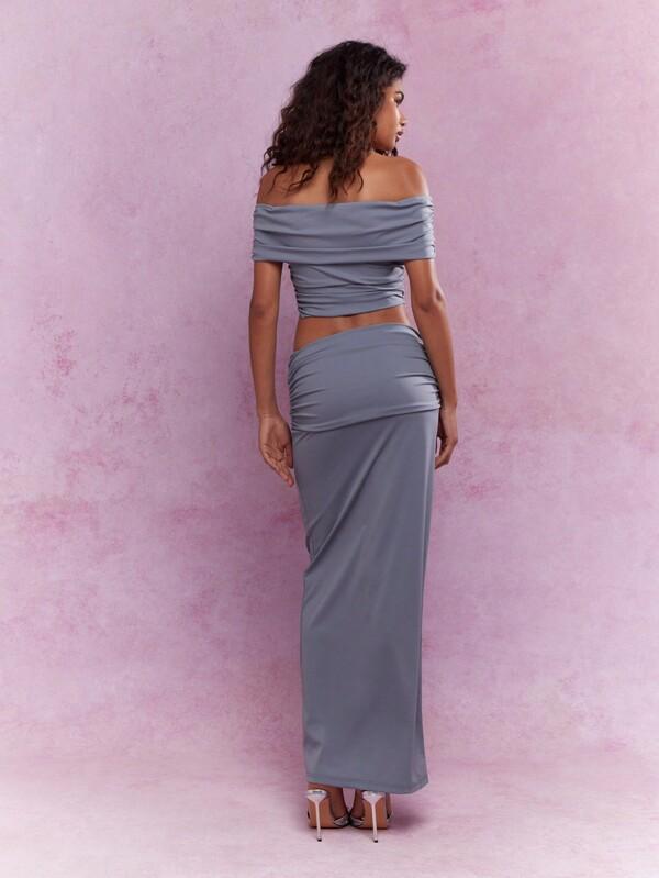Missguided MISSGUIDED Jersey Ruched Curve Hem Bardot Top And Ruched Waist Bodycon Maxi Skirt Co-Ord Set