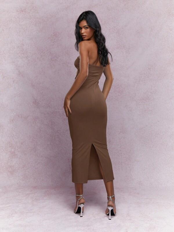 Missguided MISSGUIDED Jersey Twist Knot Bust Back Slit Hem Strapless Bandeau Midaxi Dress