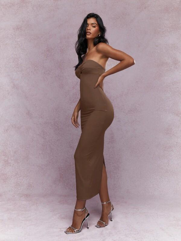 Missguided MISSGUIDED Jersey Twist Knot Bust Back Slit Hem Strapless Bandeau Midaxi Dress