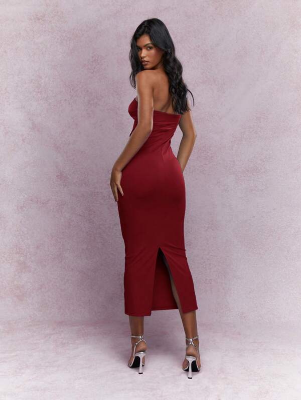 Missguided MISSGUIDED Jersey Twist Knot Bust Back Slit Hem Strapless Bandeau Midaxi Dress