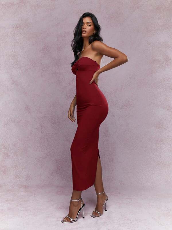 Missguided MISSGUIDED Jersey Twist Knot Bust Back Slit Hem Strapless Bandeau Midaxi Dress