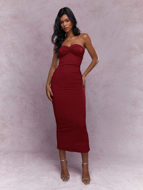 missguided MISSGUIDED Jersey Twist Knot Bust Back Slit Hem Strapless Bandeau Midaxi Dress