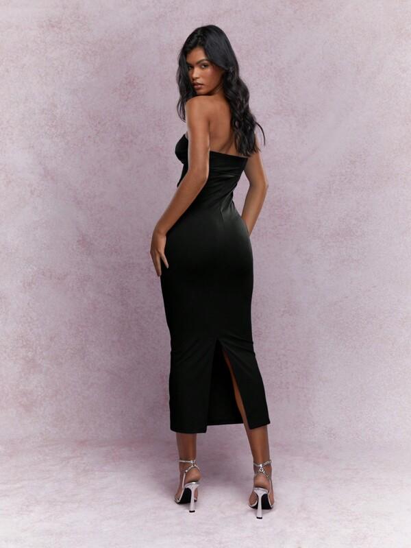 Missguided MISSGUIDED Jersey Twist Knot Bust Back Slit Hem Strapless Bandeau Midaxi Dress