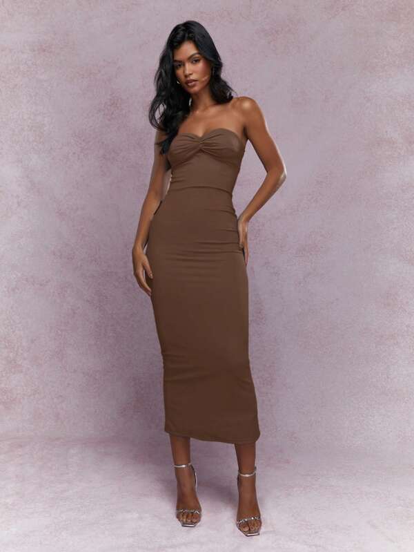 missguided MISSGUIDED Jersey Twist Knot Bust Back Slit Hem Strapless Bandeau Midaxi Dress