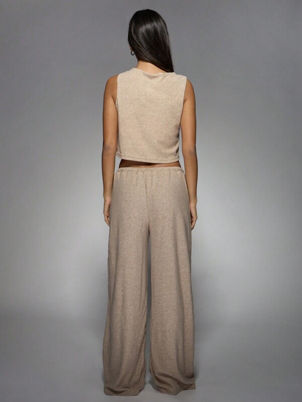 Missguided MISSGUIDED Knit Buttoned Round Neck Sleeveless Top And Wide Leg Pants Two Piece Knitwear Co Ord Set