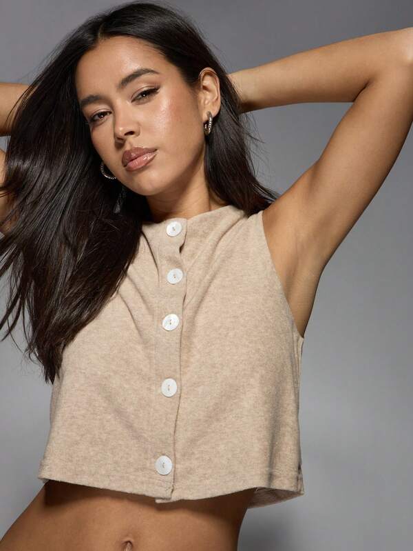 Missguided MISSGUIDED Knit Buttoned Round Neck Sleeveless Top And Wide Leg Pants Two Piece Knitwear Co Ord Set