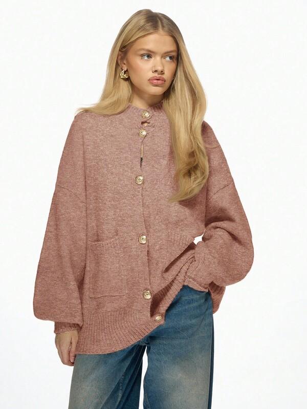 missguided MISSGUIDED Knit Cardigan With Gold Buttons And Lantern Sleeves