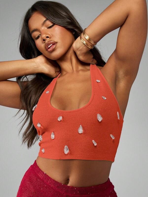 Missguided MISSGUIDED Knit Halter Crop Top With Crystal Embellishments