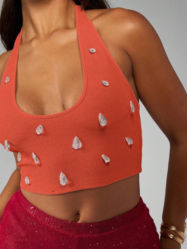 Missguided MISSGUIDED Knit Halter Crop Top With Crystal Embellishments