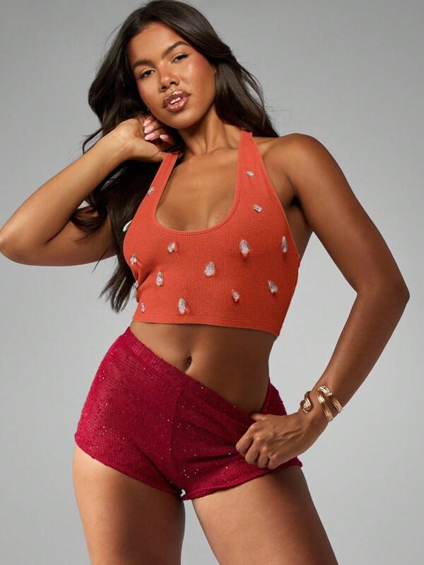 missguided MISSGUIDED Knit Halter Crop Top With Crystal Embellishments
