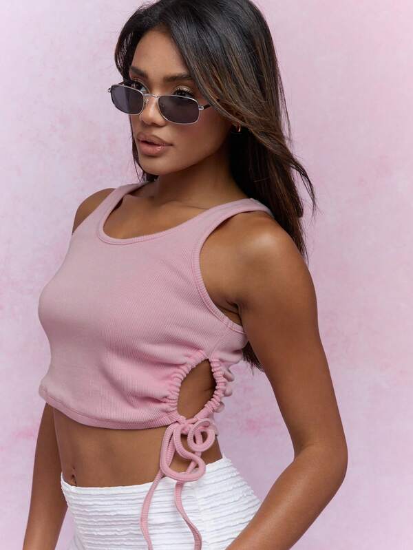 Missguided MISSGUIDED Knit Ribbed Side Cut-Out Ruched Curve Hem Crop Tank Top