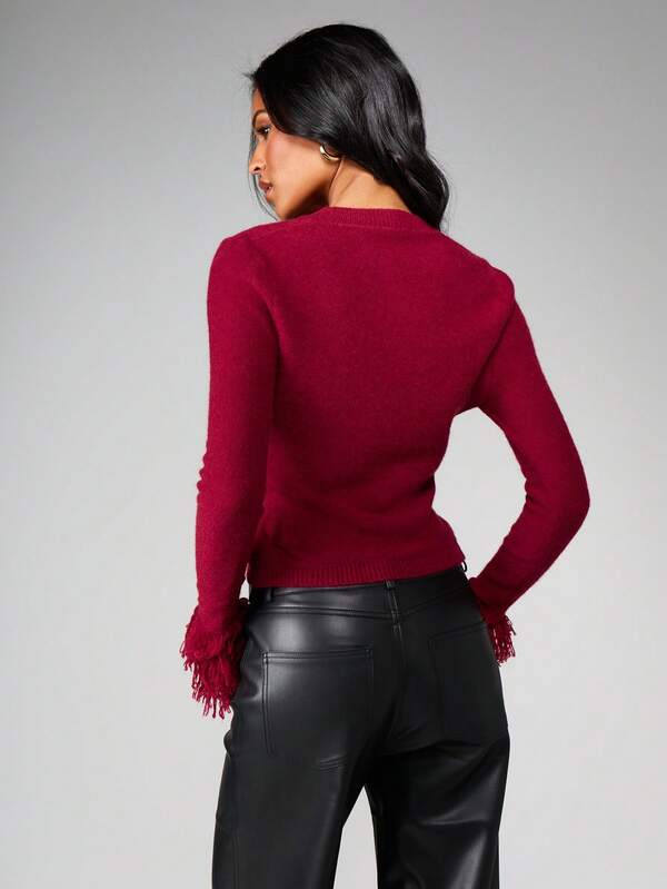 Missguided MISSGUIDED Knitted Cardigan With Fringe Cuff Detail