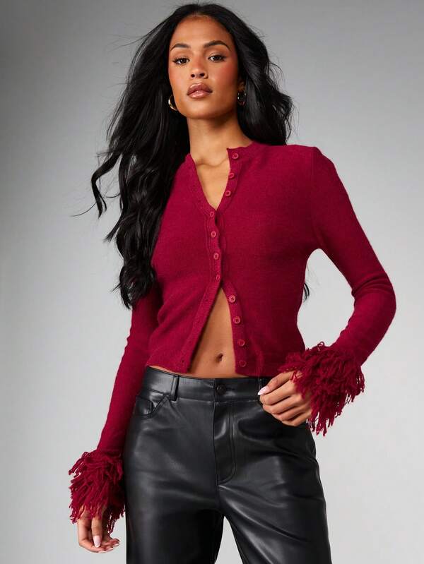 missguided MISSGUIDED Knitted Cardigan With Fringe Cuff Detail