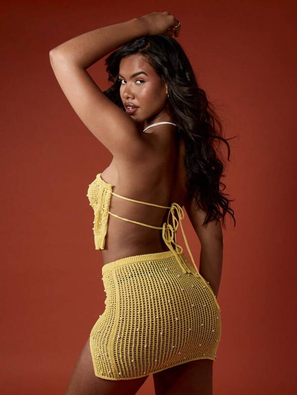 Missguided MISSGUIDED Knitted Crochet Bandeau Co-Ord Two-Piece Outfit