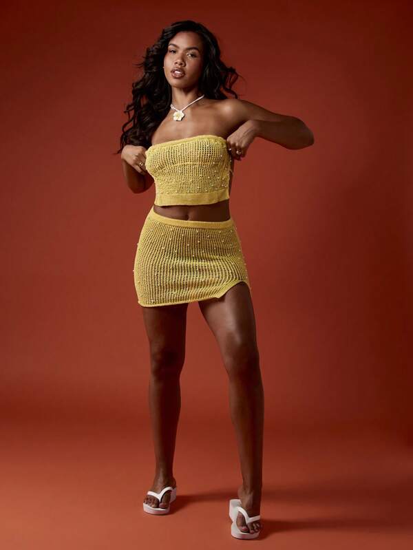 Missguided MISSGUIDED Knitted Crochet Bandeau Co-Ord Two-Piece Outfit