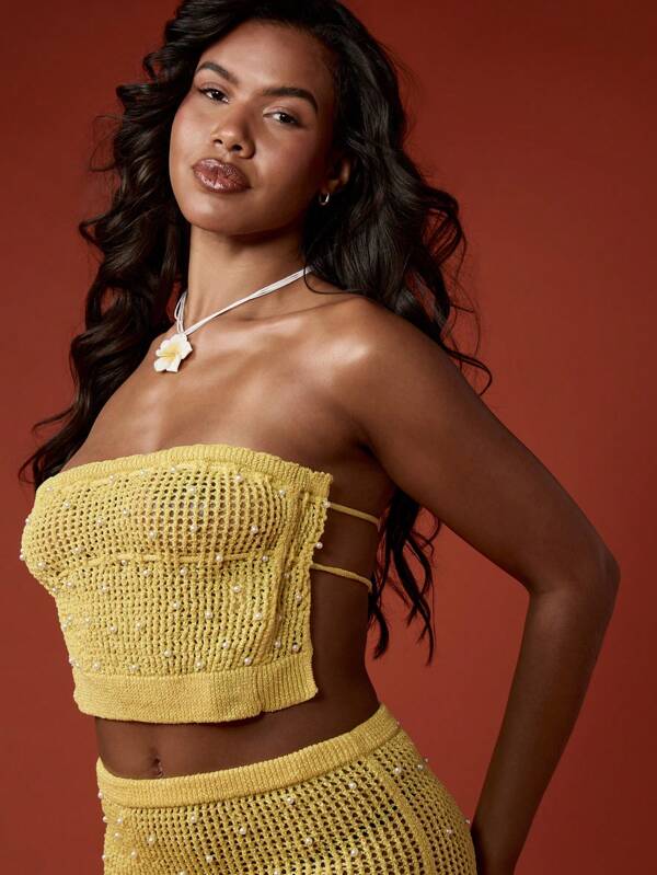 Missguided MISSGUIDED Knitted Crochet Bandeau Co-Ord Two-Piece Outfit