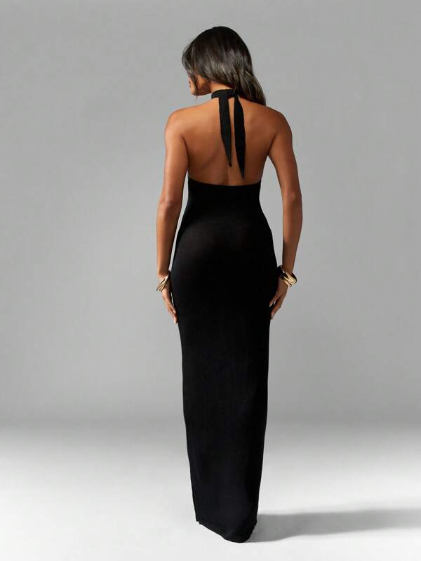Missguided MISSGUIDED Knitted Halter Neck Cutout Bodycon Women Maxi Dress
