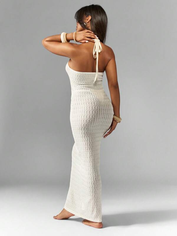 Missguided MISSGUIDED Knitted Macrame Knot Detail Halterneck Beach Maxi Dress